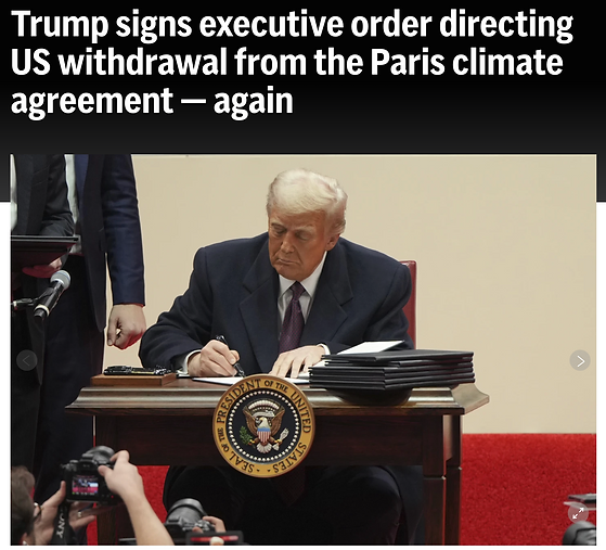 Trump signs executive order directing US withdrawal from the Paris climate agreement - again