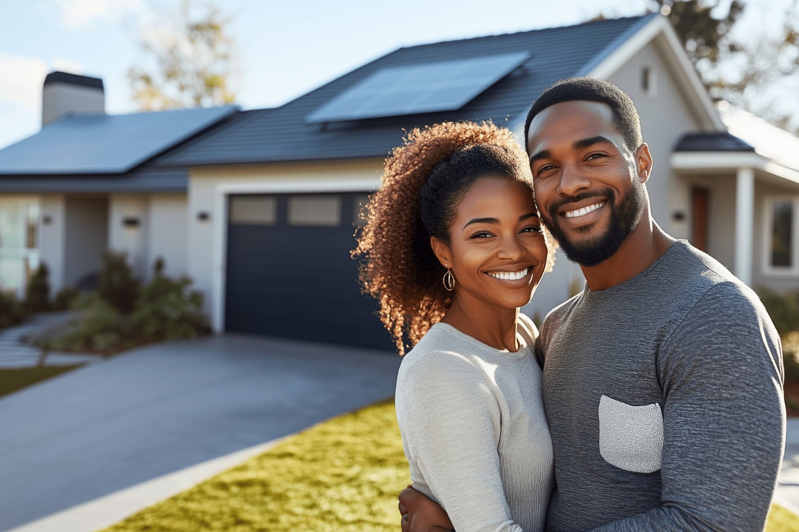 A happy couple standing in front of their suburban home.